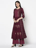 Aniyah Rayon Wine Color Block Print Anarkali Palazzo Set (AN-171K) | Grocsy