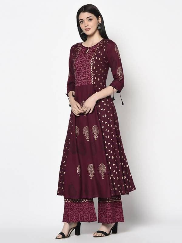 Aniyah Rayon Wine Color Block Print Anarkali Palazzo Set (AN-171K) | Grocsy