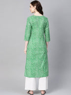 Yufta Women Green & Off-White Leheriya Dyed Straight Kurta | Grocsy