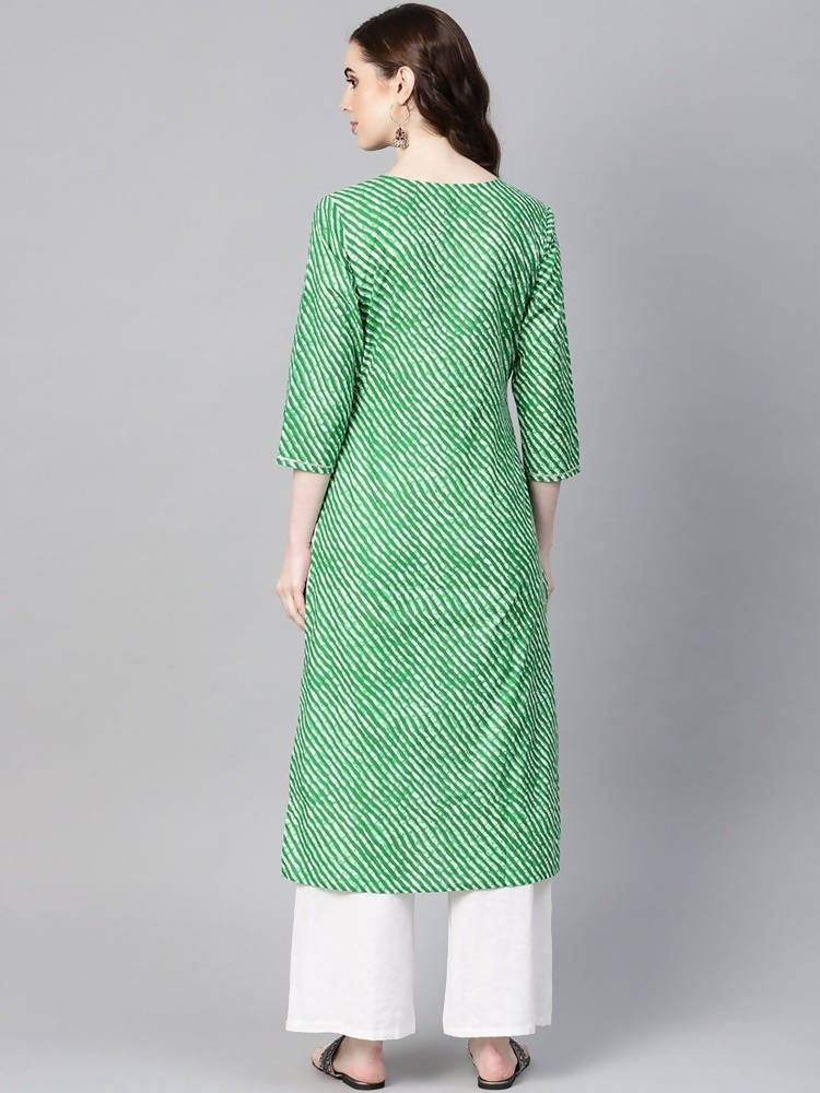 Yufta Women Green & Off-White Leheriya Dyed Straight Kurta | Grocsy