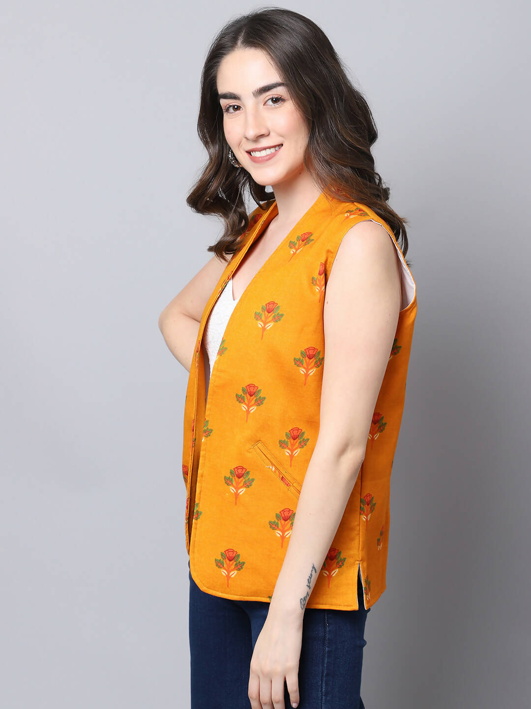 Even Apparels Yellow Viscose Rayon Open Front Waistcoat | Grocsy