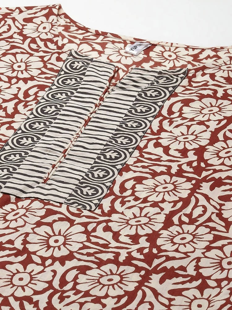 Yufta Women Beige And Rust Printed Kurta with Trouser & With Dupatta | Grocsy