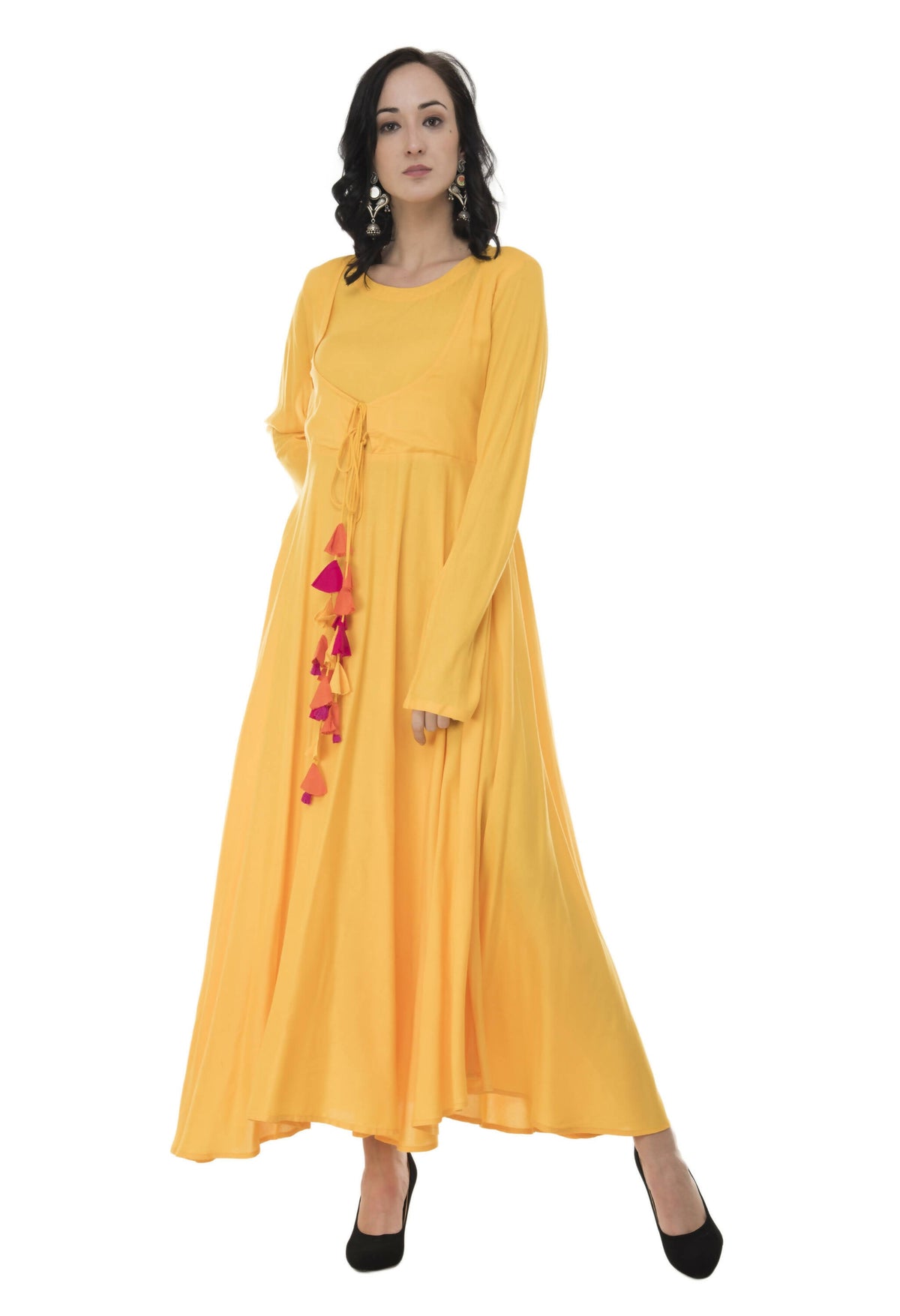 Women's Yellow Flared Kurti With Front Round Neck And Choli Cut With Dori And Tassels - G & A Apparels | Grocsy