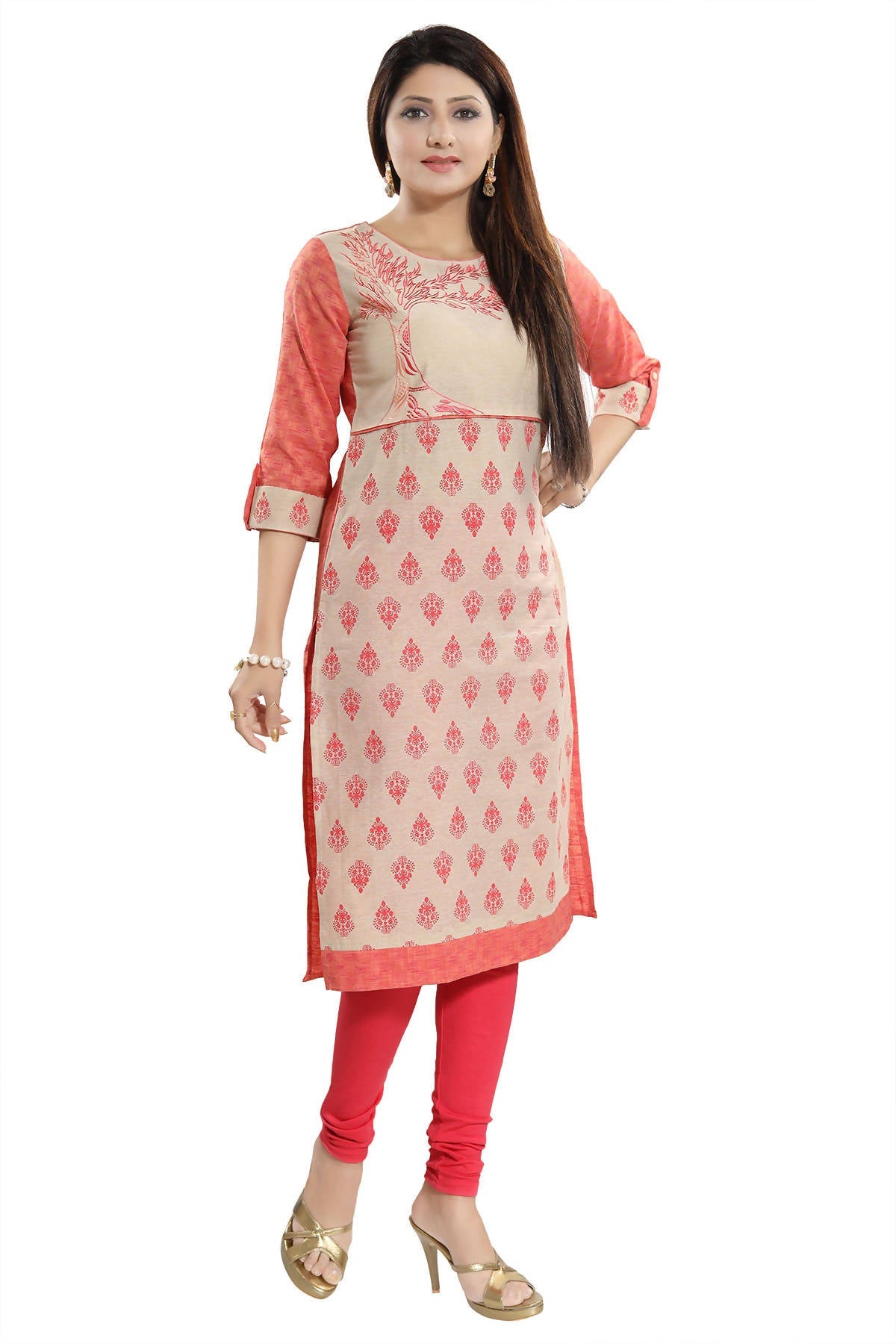 Snehal Creations Flamboyant Tomato And Beige Cotton Printed Tunic | Grocsy