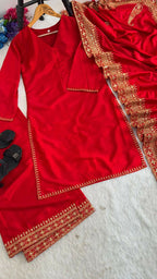 Teeya Creation New Latest Stylish Classic Red Festive Kurta Set with Gold Zari Border Palazzo and Dupatta | Grocsy