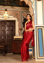 Red Tom Silk Plain Ready To Wear Saree With Stitched Blouse - Satiksha | Grocsy