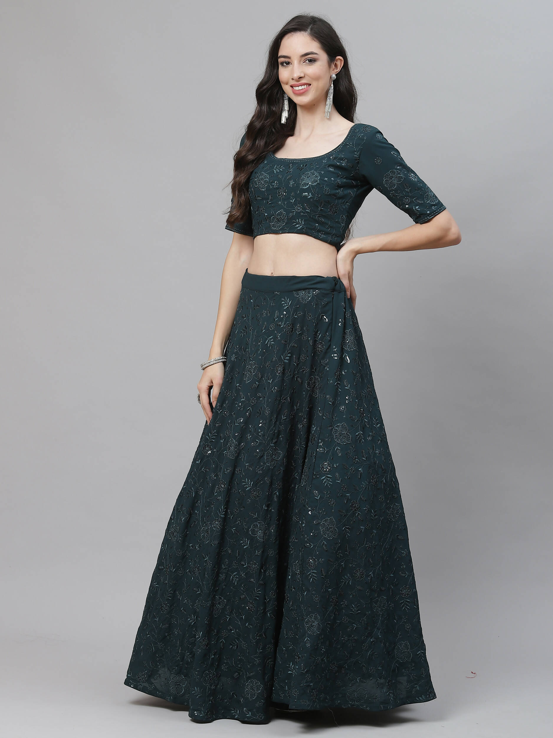 Green Georgette Thread with Sequins Embroidery Work Lehenga Choli with Dupatta - Jivika | Grocsy