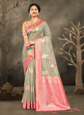 Grey Cotton Zari Woven Design Saree with Unstitched Blouse Piece - Aachal | Grocsy