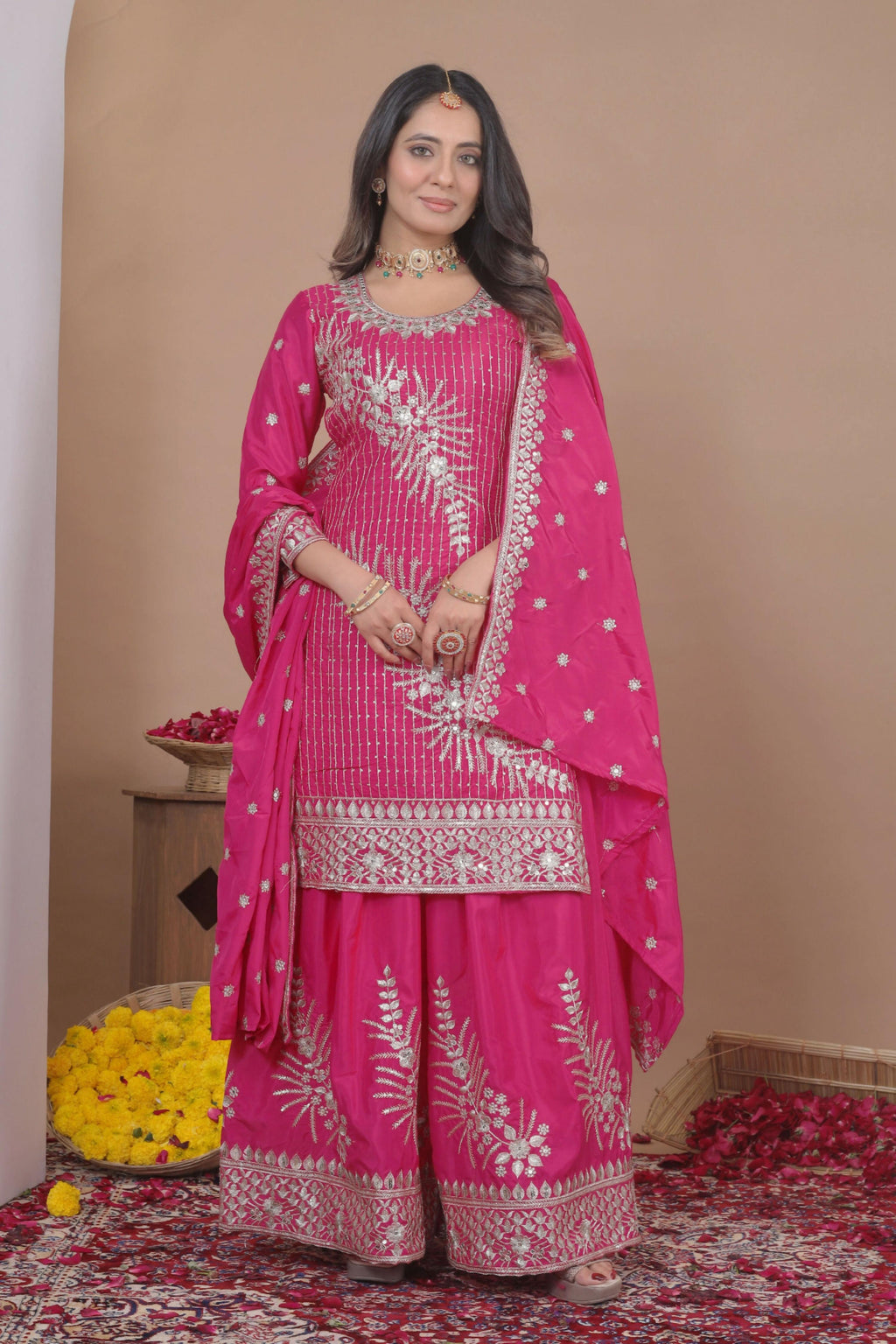 Lehenga Mart Designer Sharara Suit With Kurta, Sharara, Dupatta For Women-Pink | Grocsy