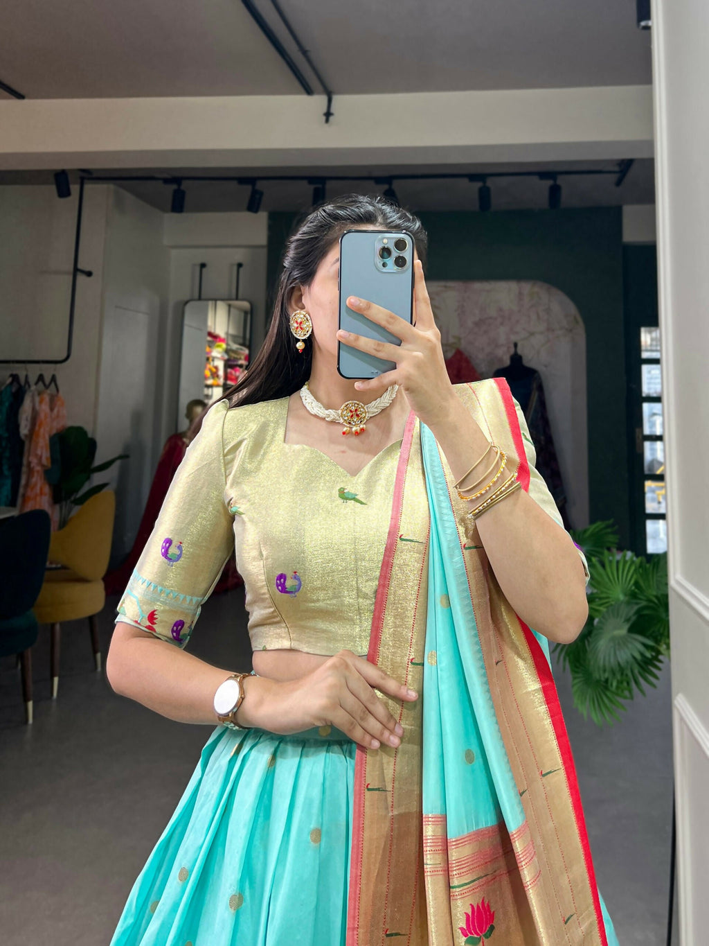 Vastranavya Traditional Jacquard Silk Paithani Lehenga Choli - Sky Blue | Grocsy