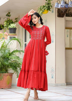 Kaajh Women's Red Mirror Embroidered Cotton Ethnic Dress | Grocsy