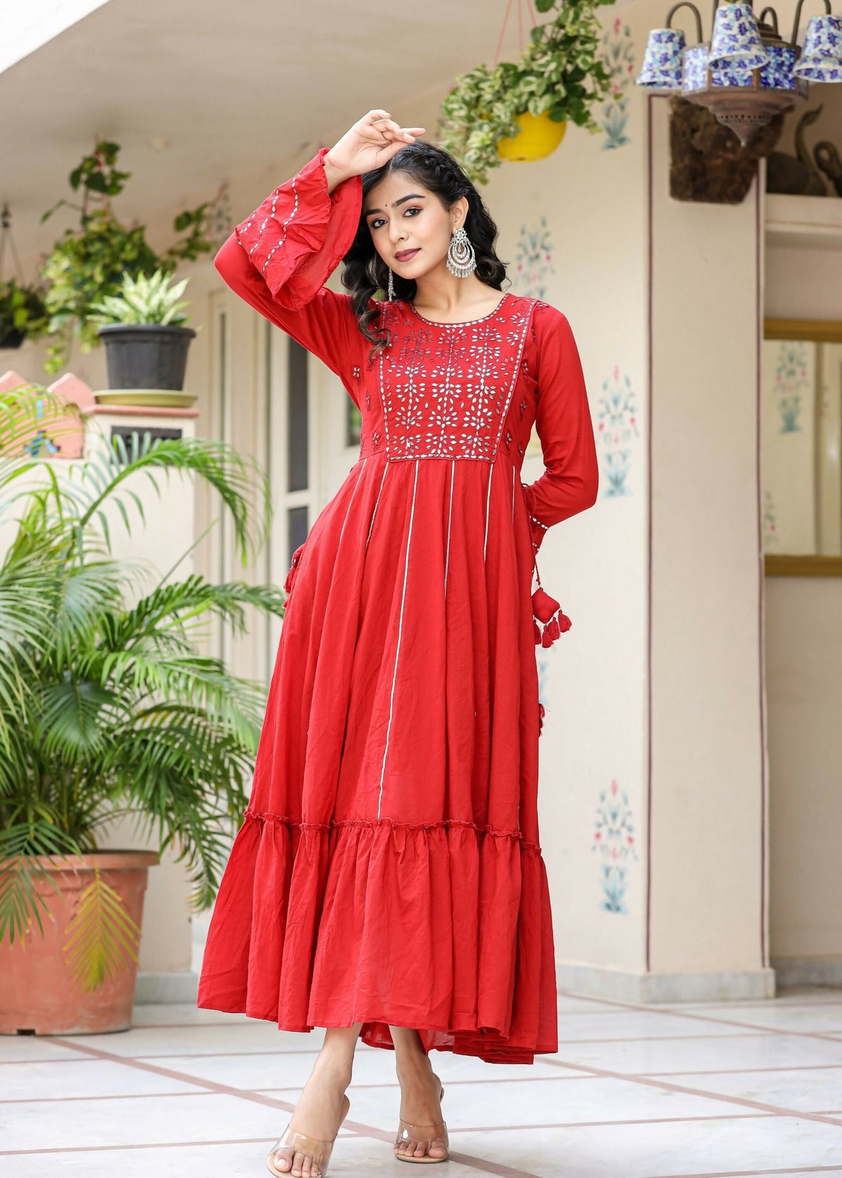 Kaajh Women's Red Mirror Embroidered Cotton Ethnic Dress | Grocsy