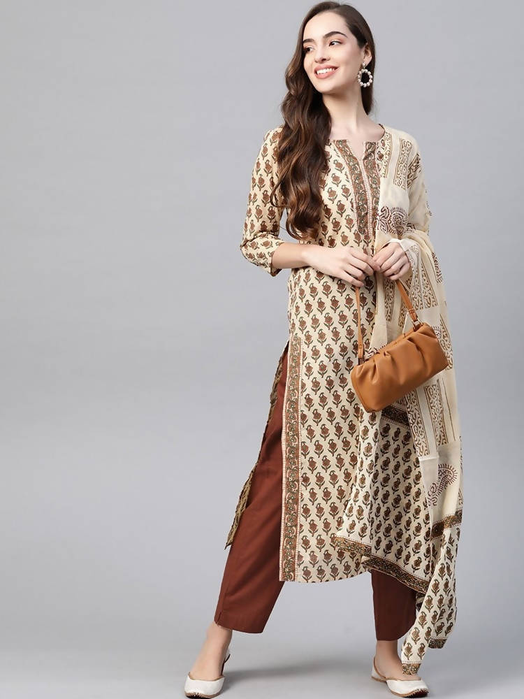 Yufta Women Beige Ethnic Motifs Printed Pure Cotton Kurta with Trouser & Dupatta | Grocsy