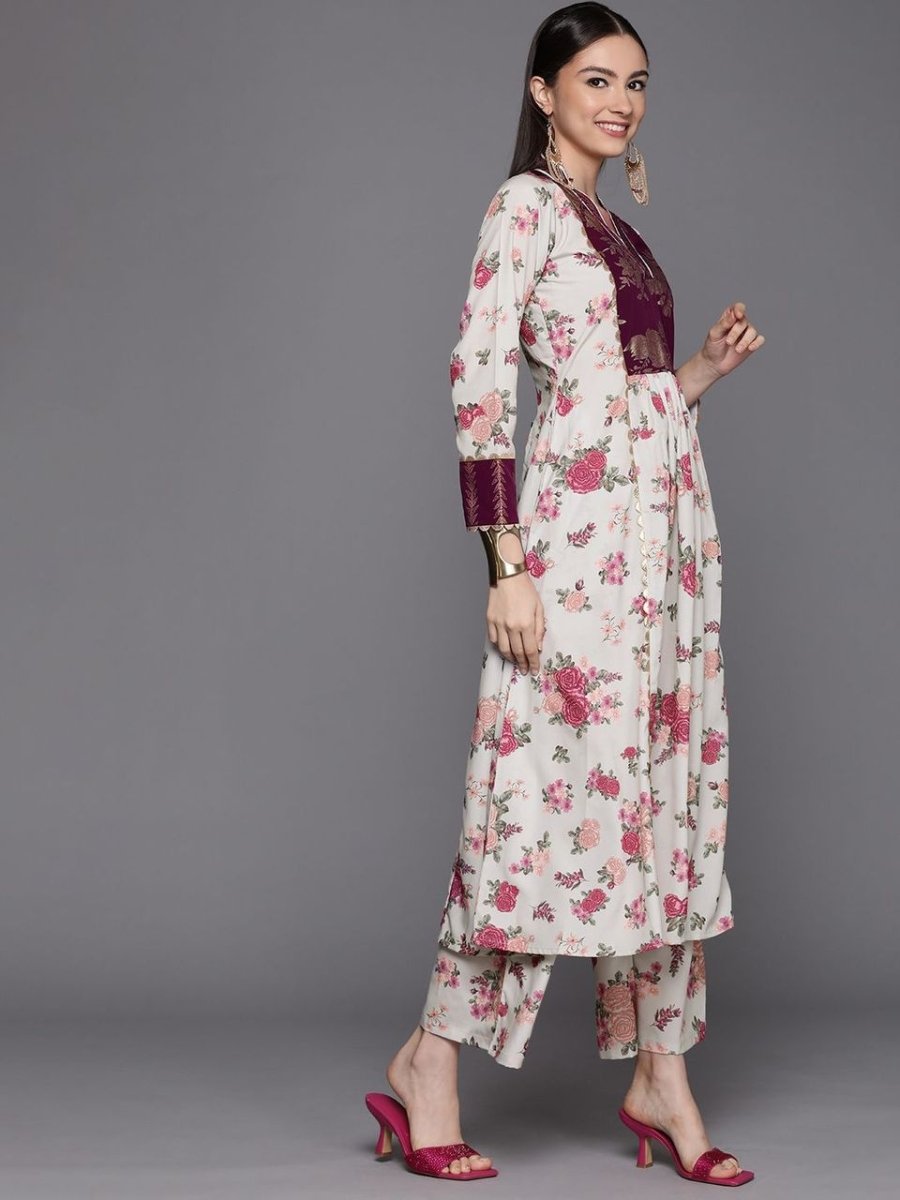 Ahalyaa Womens Beige Crepe Digital Printed Kurta Palazzo Set | Grocsy