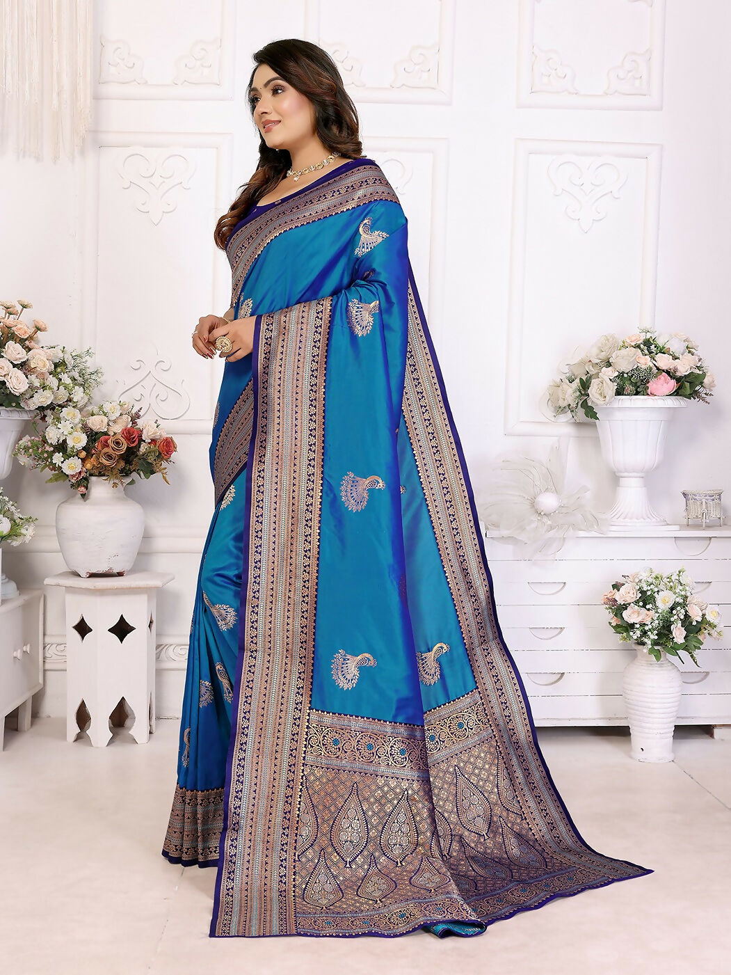 Joban Fashion Banarasi Royal Blue Small Butti Soft Silk Saree | Grocsy
