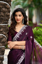Vastranavya Wine Embroidery Work Shimmer Chiffon Saree with Unstitched Blouse | Grocsy