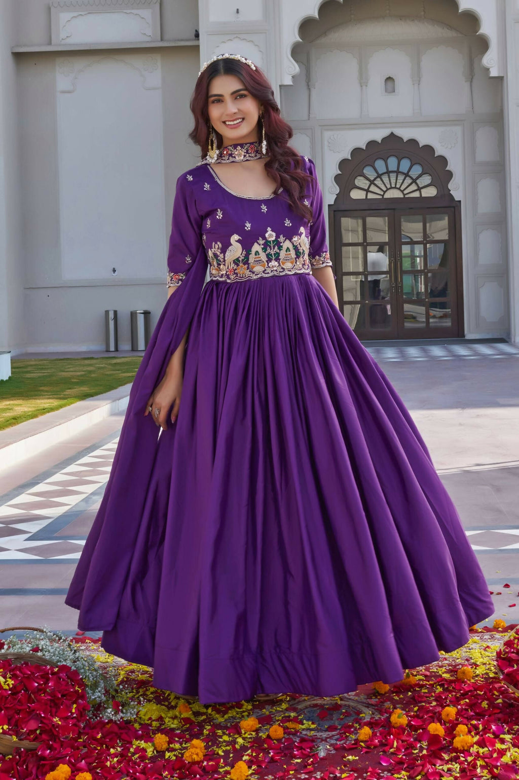 Teeya Creation Womens New Trendy Heavy Cording Sequence & Beads Embroidery Work Purple Gown Set | Grocsy