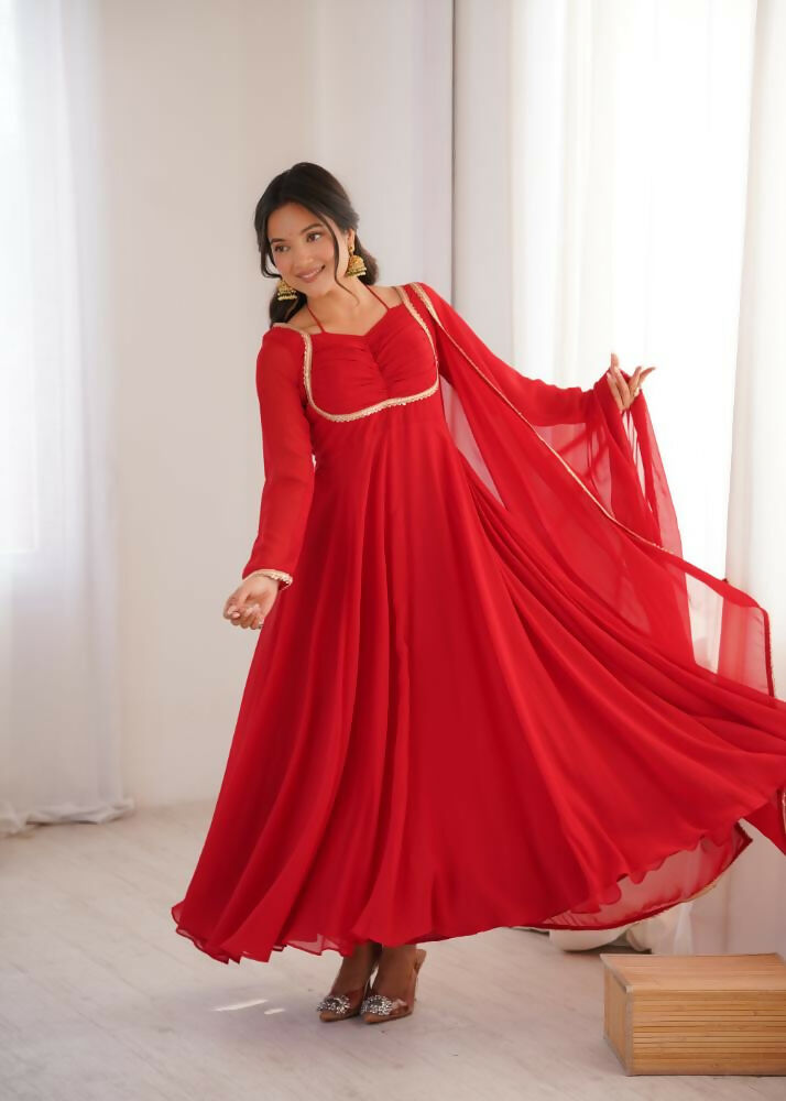 Lehenga Mart Designer Anarkali Suit With Kurta, Dupatta For Women-Red | Grocsy
