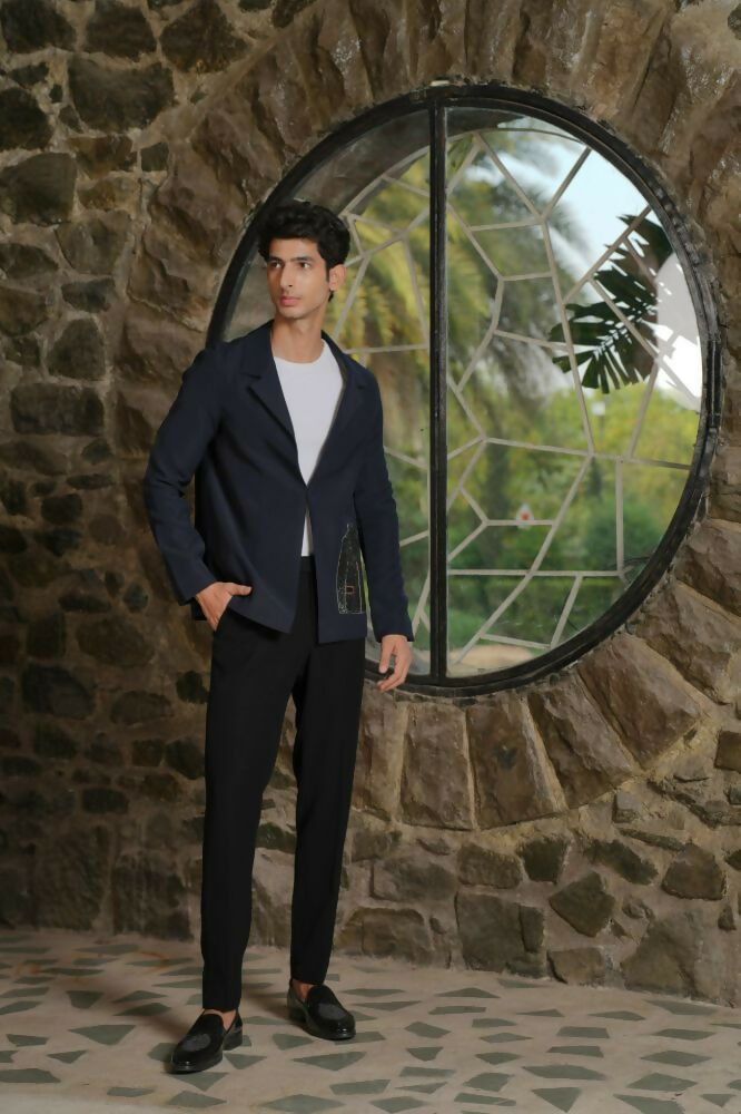 Noir Canvas Blazer – Black 4-Way Stretch Graphic Detail Suit For Men | Wedding & Party Wear by Hilo Design | Grocsy