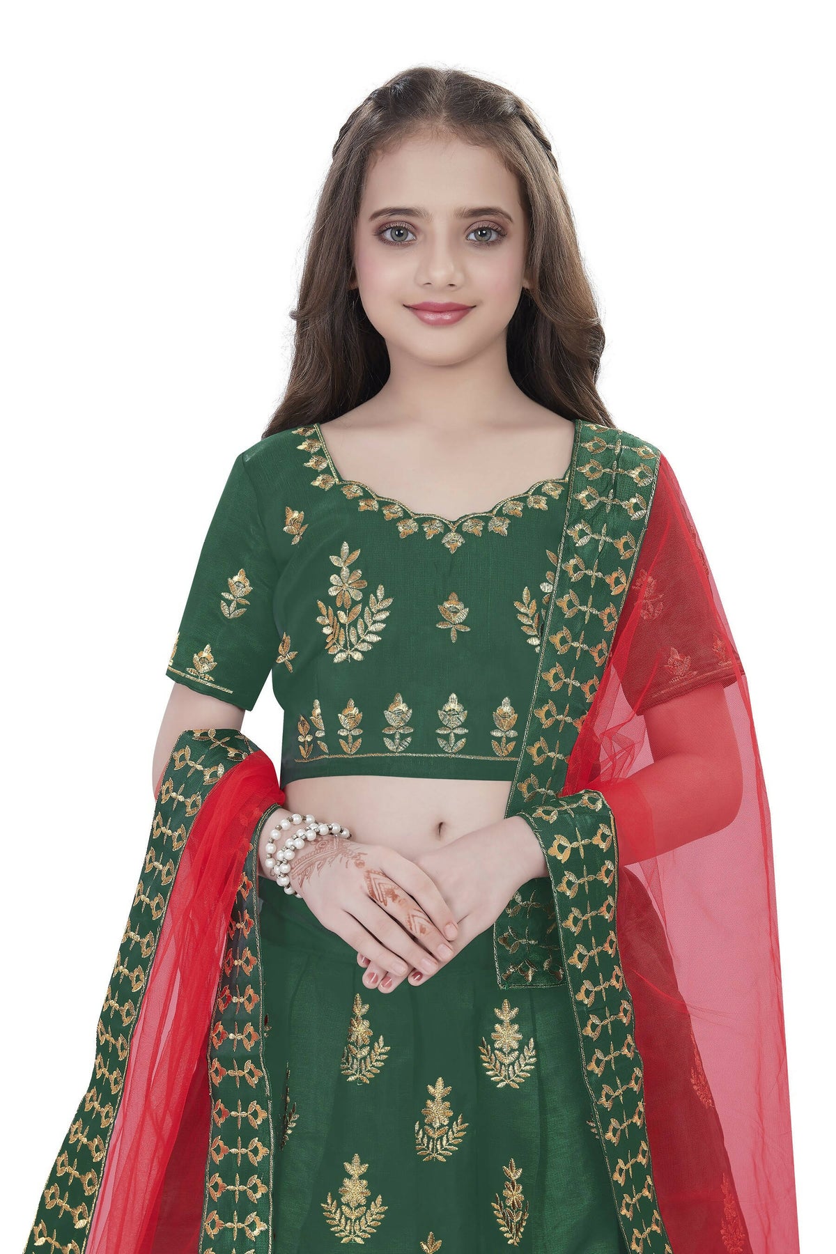 Dwiden Green Kamal Tafetta Sattin Semi-Stitched Girl's Lehenga Choli | Grocsy