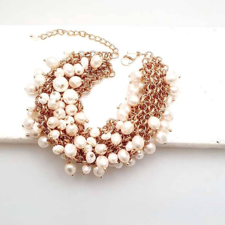 Bling Accessories Cluster Pearl Bracelet with Baroque Pearls in Rose Gold Finish | Grocsy