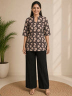 Teeya Creation Women Coffee Brown & Peach Floral Printed Cotton Kurti with Black Wide-Leg Palazzo Set | Grocsy