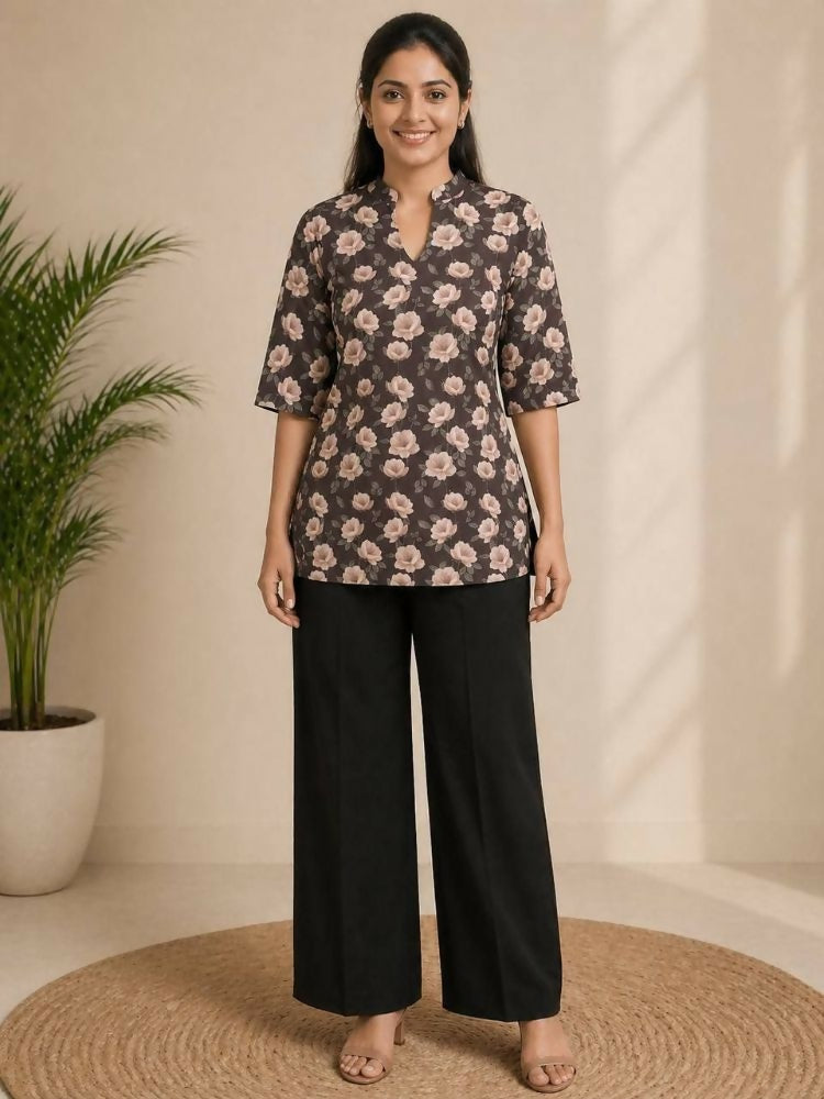 Teeya Creation Women Coffee Brown & Peach Floral Printed Cotton Kurti with Black Wide-Leg Palazzo Set | Grocsy