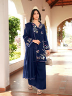 Nikhaar Navy Blue Embroidered Art Silk Stitched Straight Cut Kurta Culottes Dupatta Readymade Suit | Grocsy