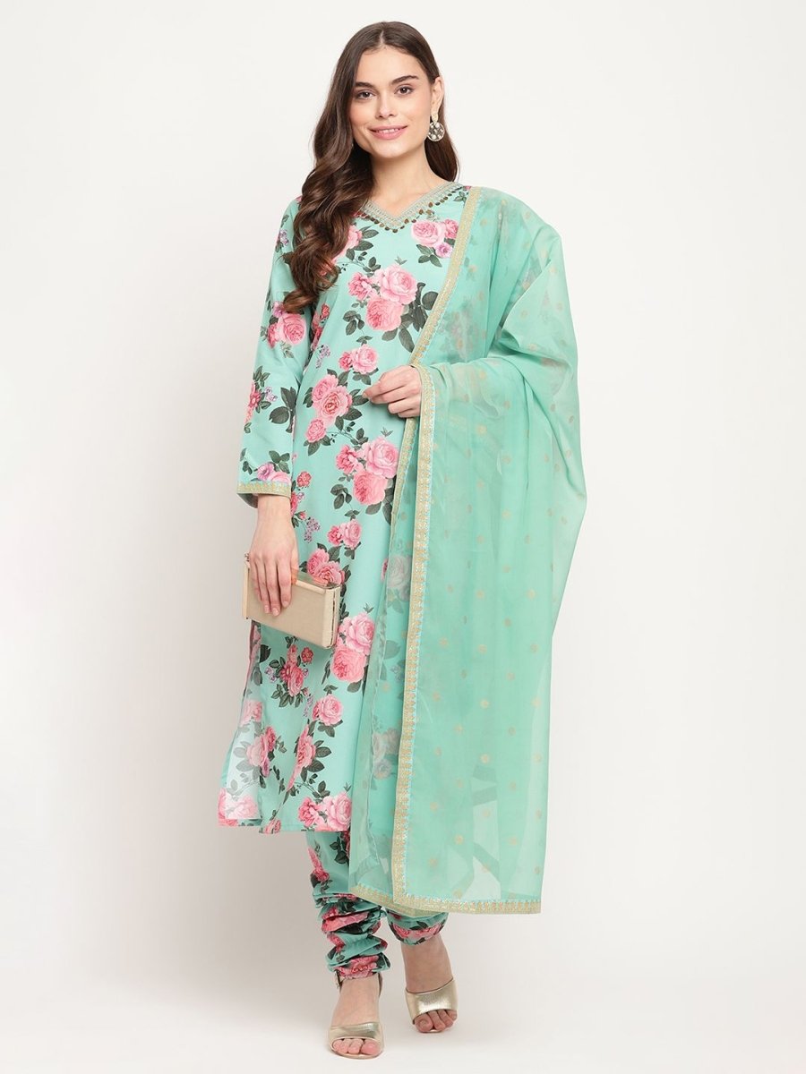 Ahalyaa Women Green Floral Printed Regular Kurta Churidar Set & With Dupatta | Grocsy