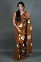 Exclusive Collection Brown Pure Cotton Saree With Sunflower Design | Grocsy
