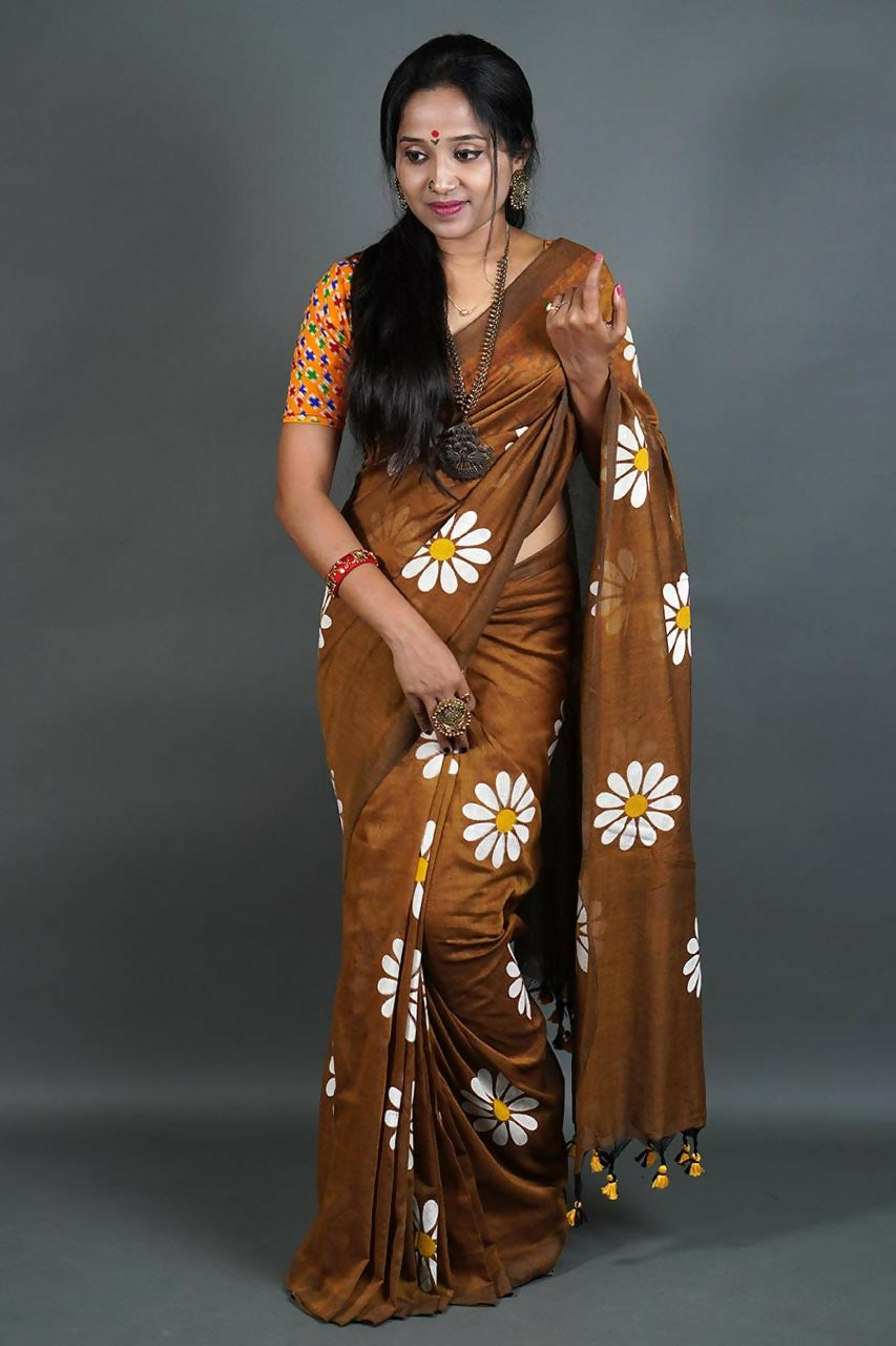 Exclusive Collection Brown Pure Cotton Saree With Sunflower Design | Grocsy