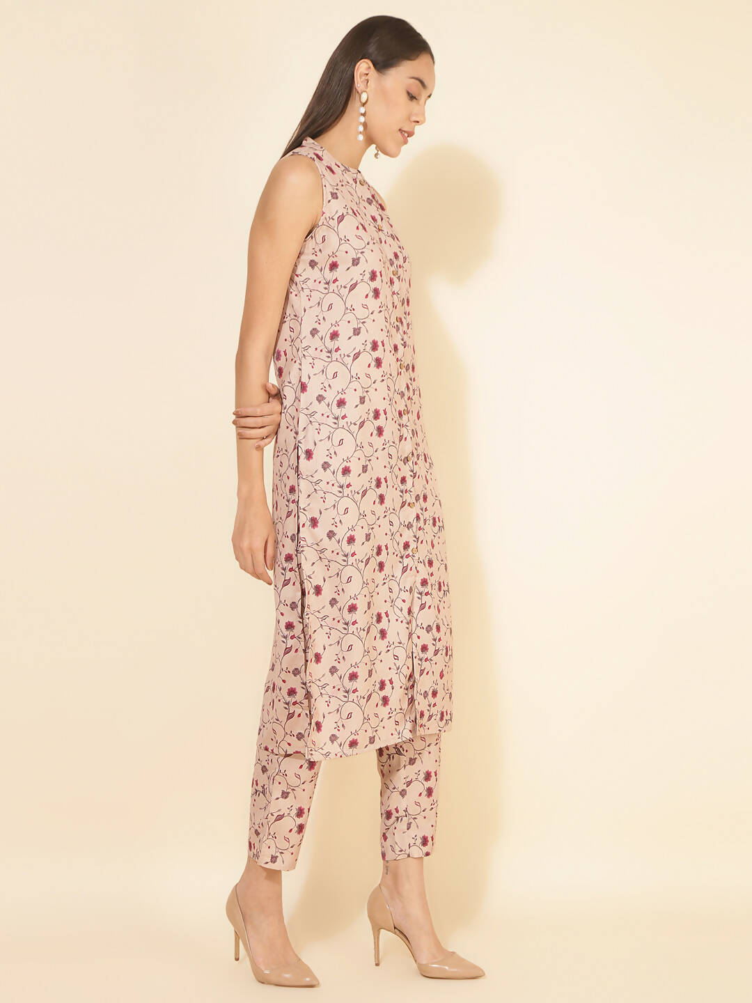 Janasya Women's Beige Moss Digital Floral Printed Casual Straight Co-ords | Grocsy