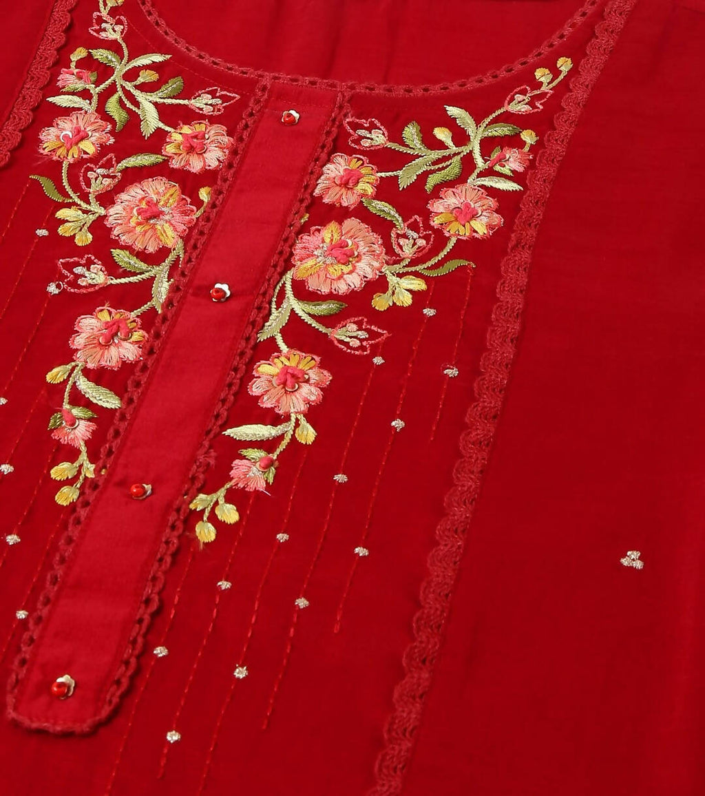 Red Chinon Embroidered Straight Kurta with Trouser & Dupatta - Salimar | Grocsy