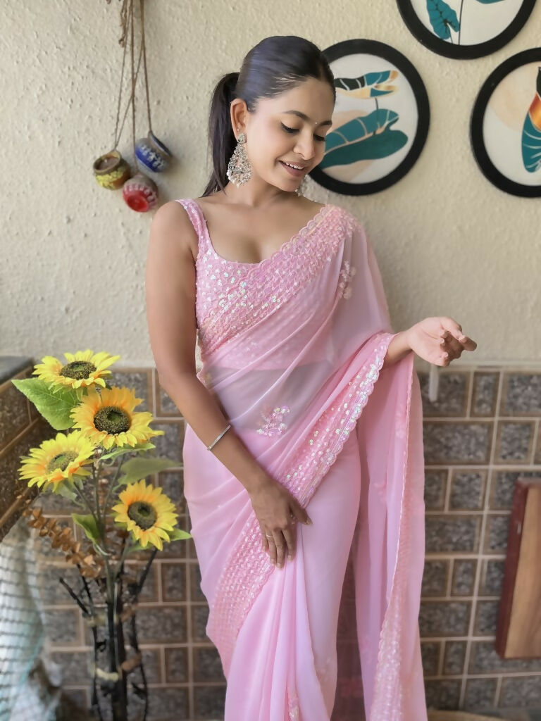 Pink Georgette Sequence Embroidery Cut Work Saree - Saadia | Grocsy