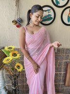 Pink Georgette Sequence Embroidery Cut Work Saree - Saadia | Grocsy