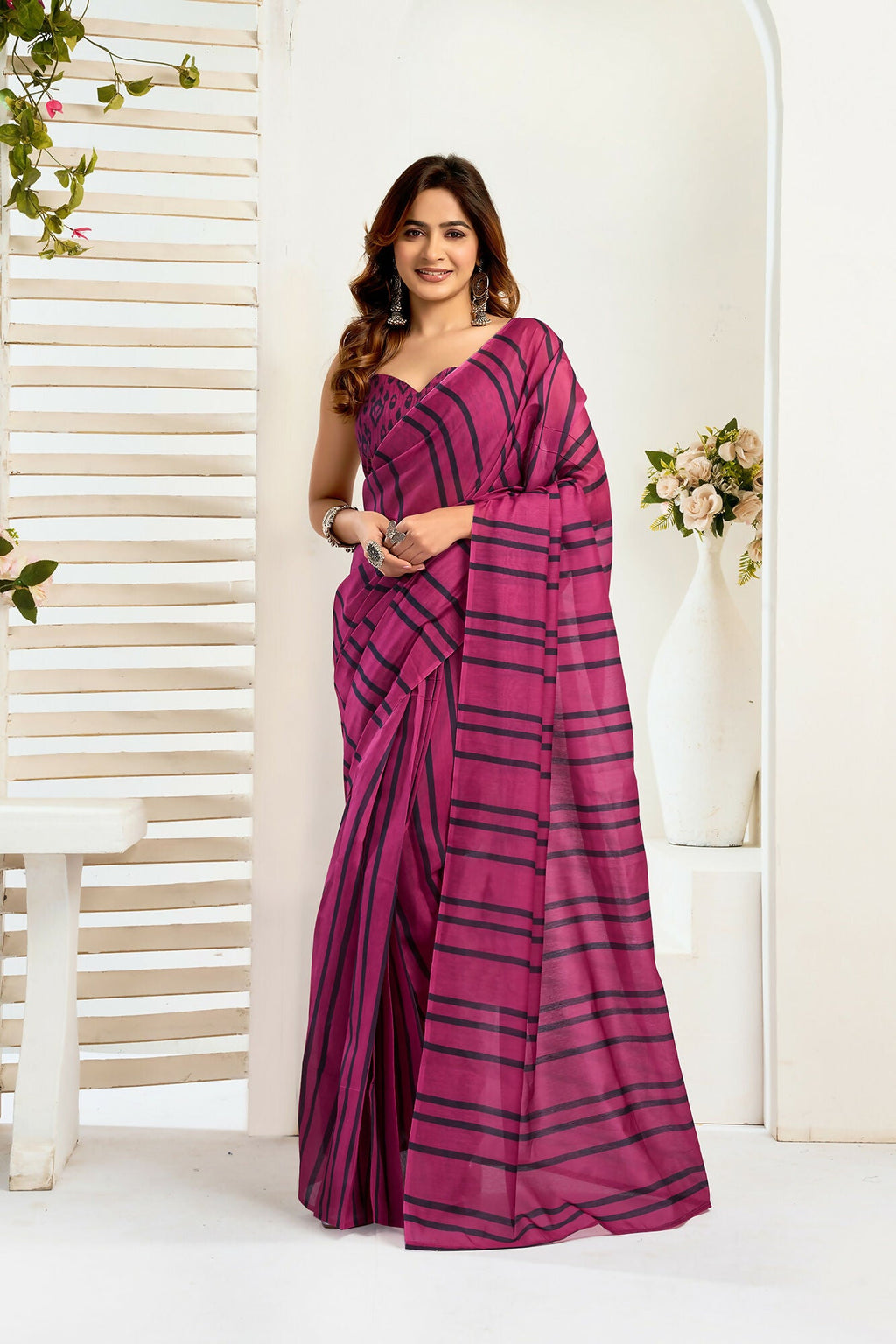 Vastranavya Magenta Digital Printed Linen Ready To Wear Designer Saree with Unstitched Blouse | Grocsy