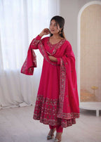 Teeya Creation Pink Roman Silk Embroidery Work Party Wear long Gown | Grocsy