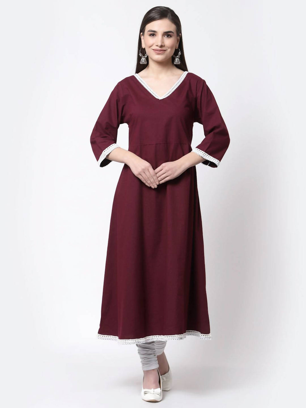 Myshka Burgandy Printed Cotton Full Sleeve V Neck Casual Kurta Dupatta Set | Grocsy