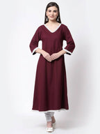 Myshka Burgandy Printed Cotton Full Sleeve V Neck Casual Kurta Dupatta Set | Grocsy