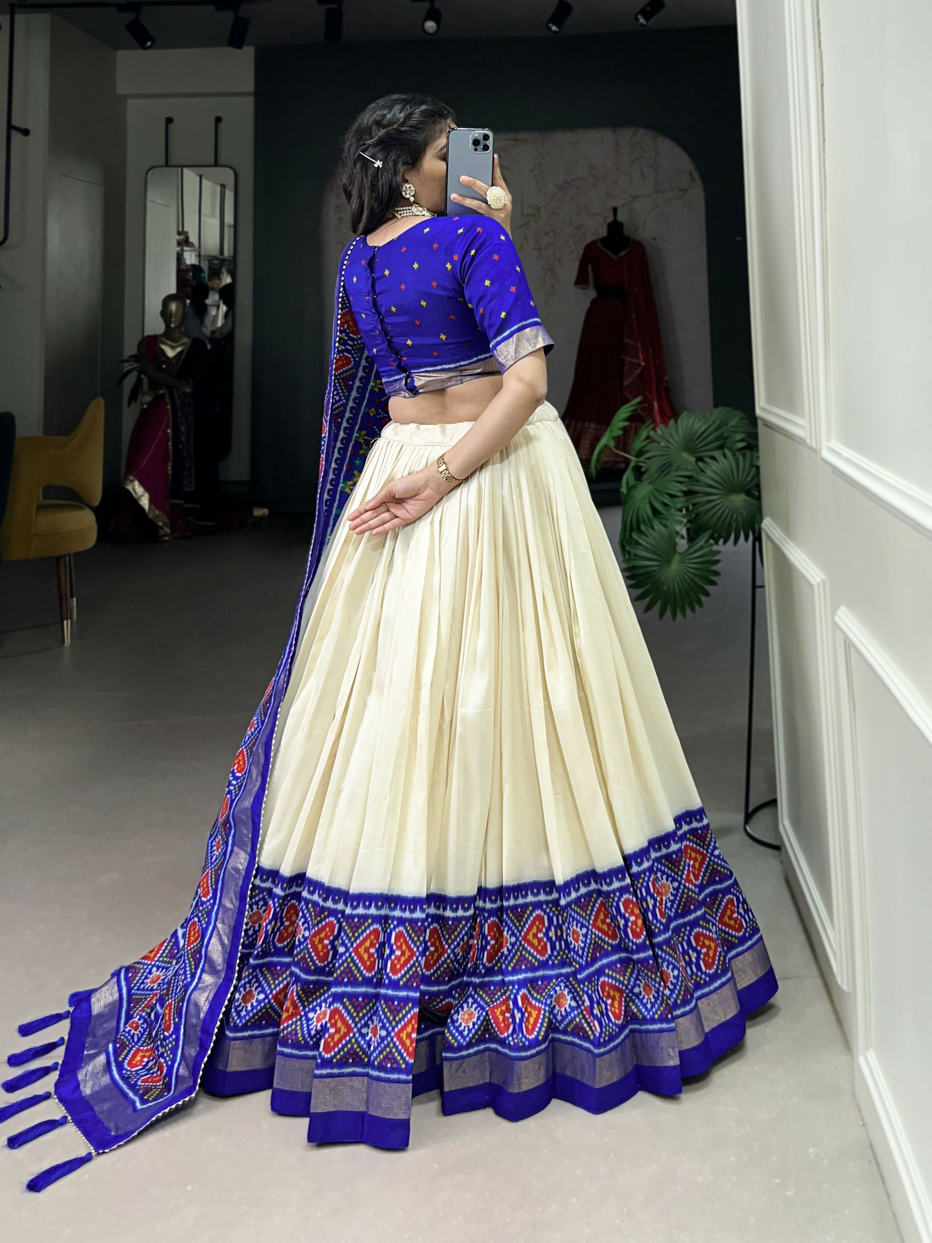 Lorenvalley Offwhite and Royalblue Tussar Silk Patola Print Lehenga Choli | Grocsy