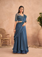 Navy Blue Satin Embroidered Ready To Wear Saree With Unstitched Blouse Piece - Nandika | Grocsy