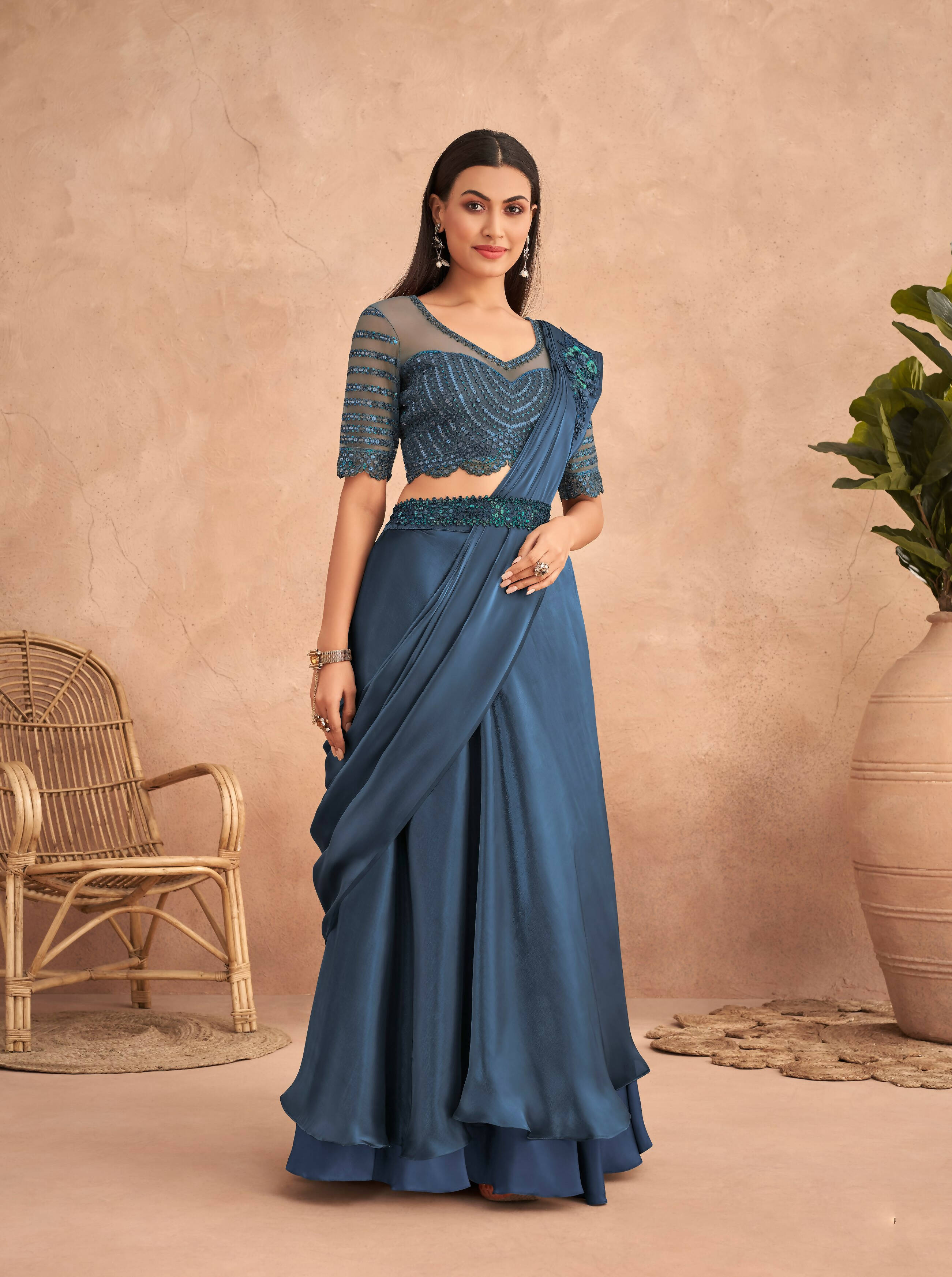 Navy Blue Satin Embroidered Ready To Wear Saree With Unstitched Blouse Piece - Nandika | Grocsy