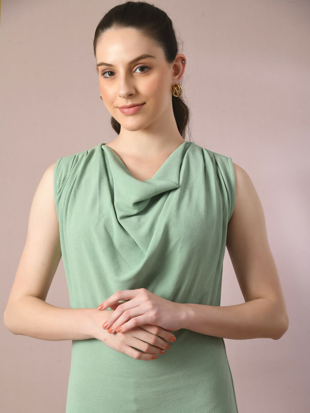 Myshka Women's Sea Green Solid Cowl Neck Bodycon Party Dress | Grocsy
