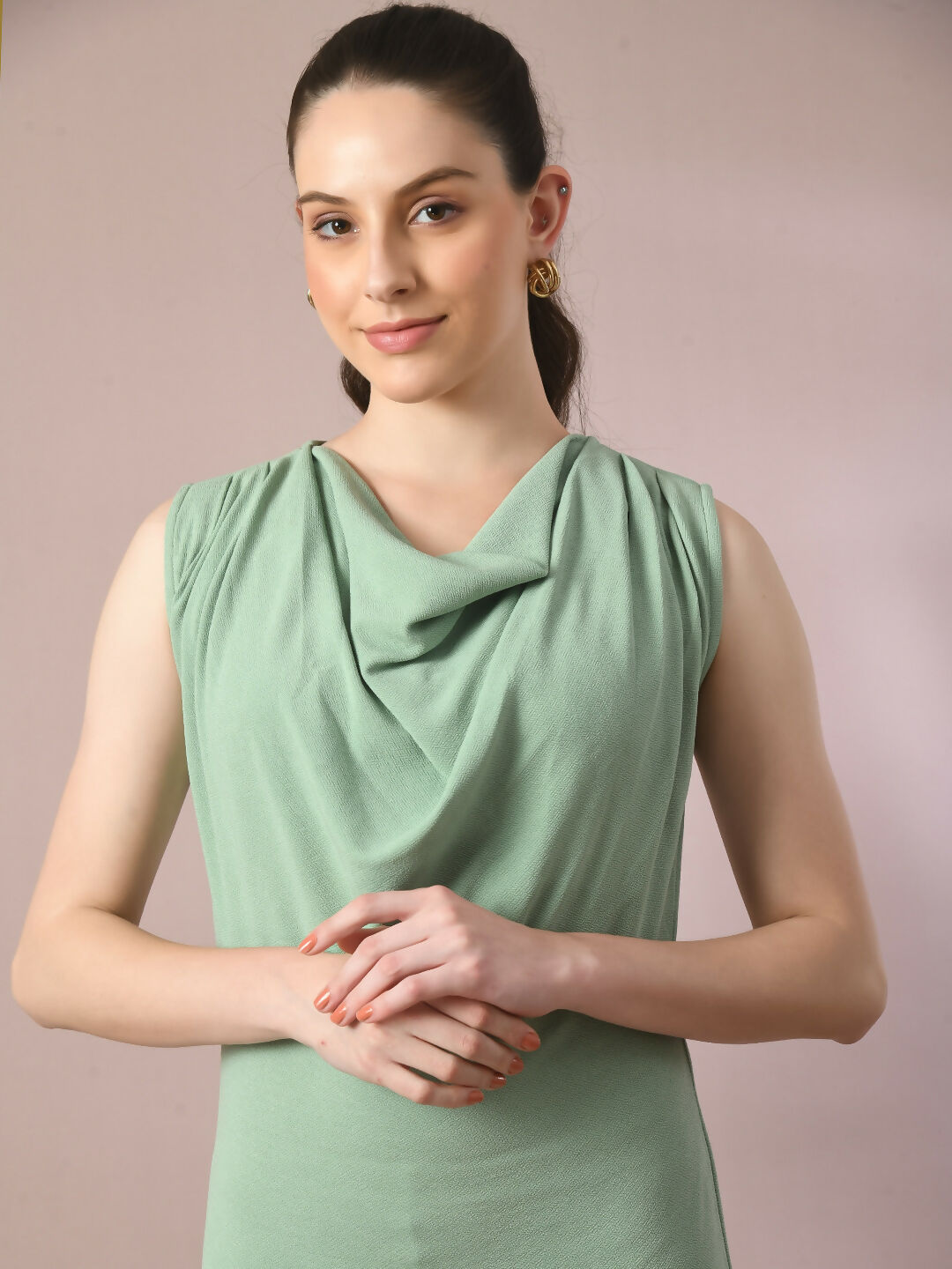 Myshka Women's Sea Green Solid Cowl Neck Bodycon Party Dress | Grocsy