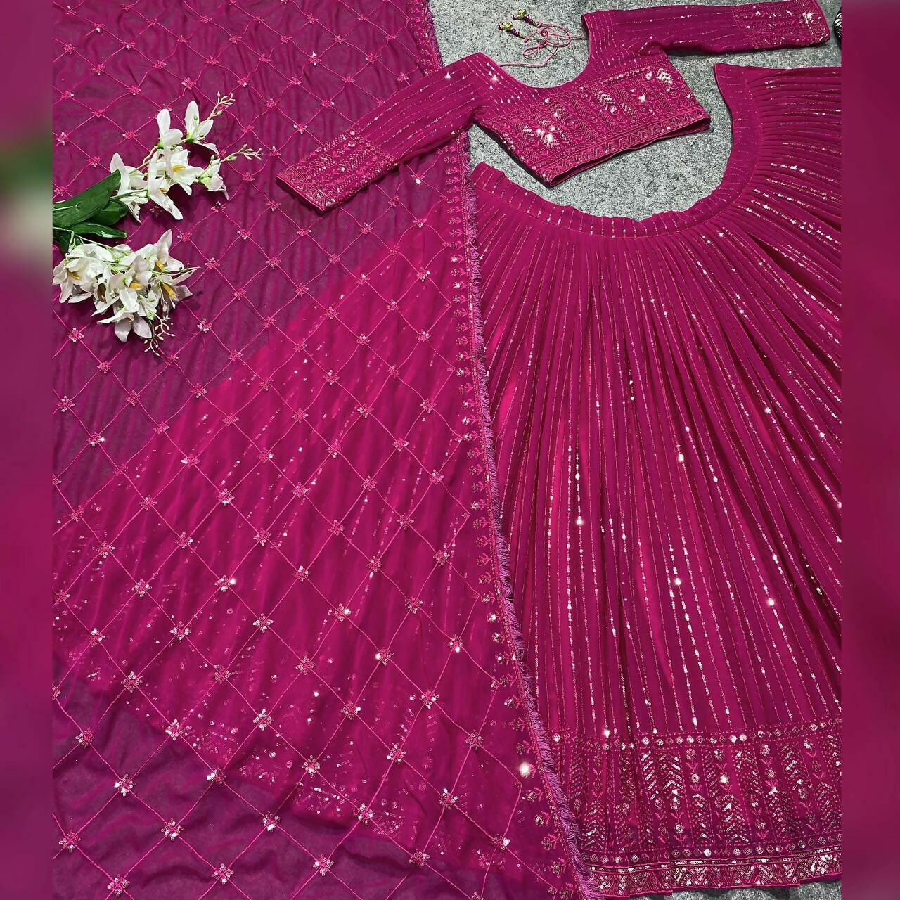 Jyoti Fashion Women's Rani Pink Faux Georgette 3MM Sequins Embroidered Designer Lehenga Choli Set | Grocsy