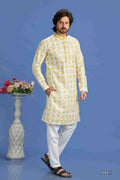 Raivat Ethnic Cotton Embroidery Kurta Pajama In Yellow Colour | Grocsy