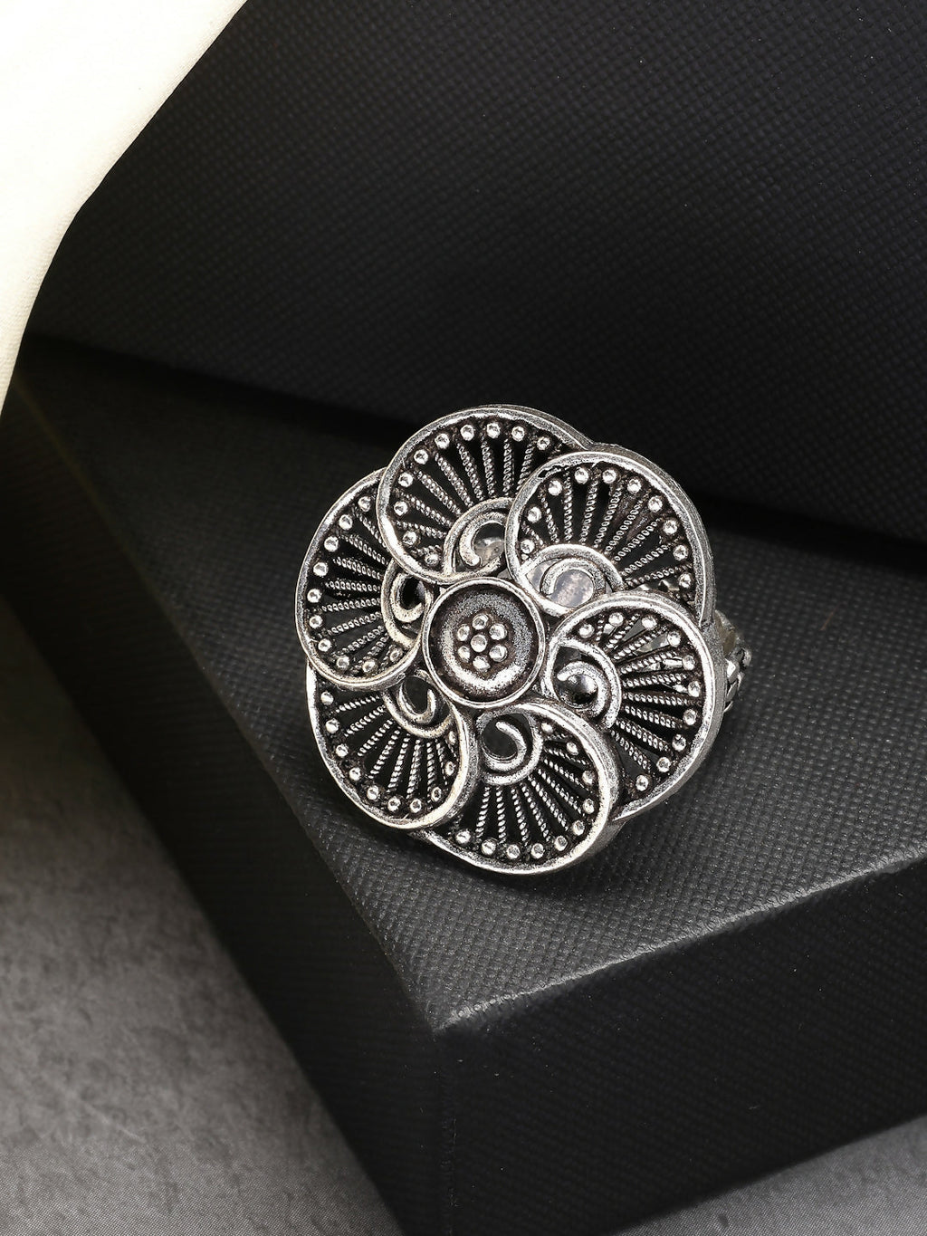 NVR Women's Silver-Toned Floral Shape Adjustable Finger Ring | Grocsy