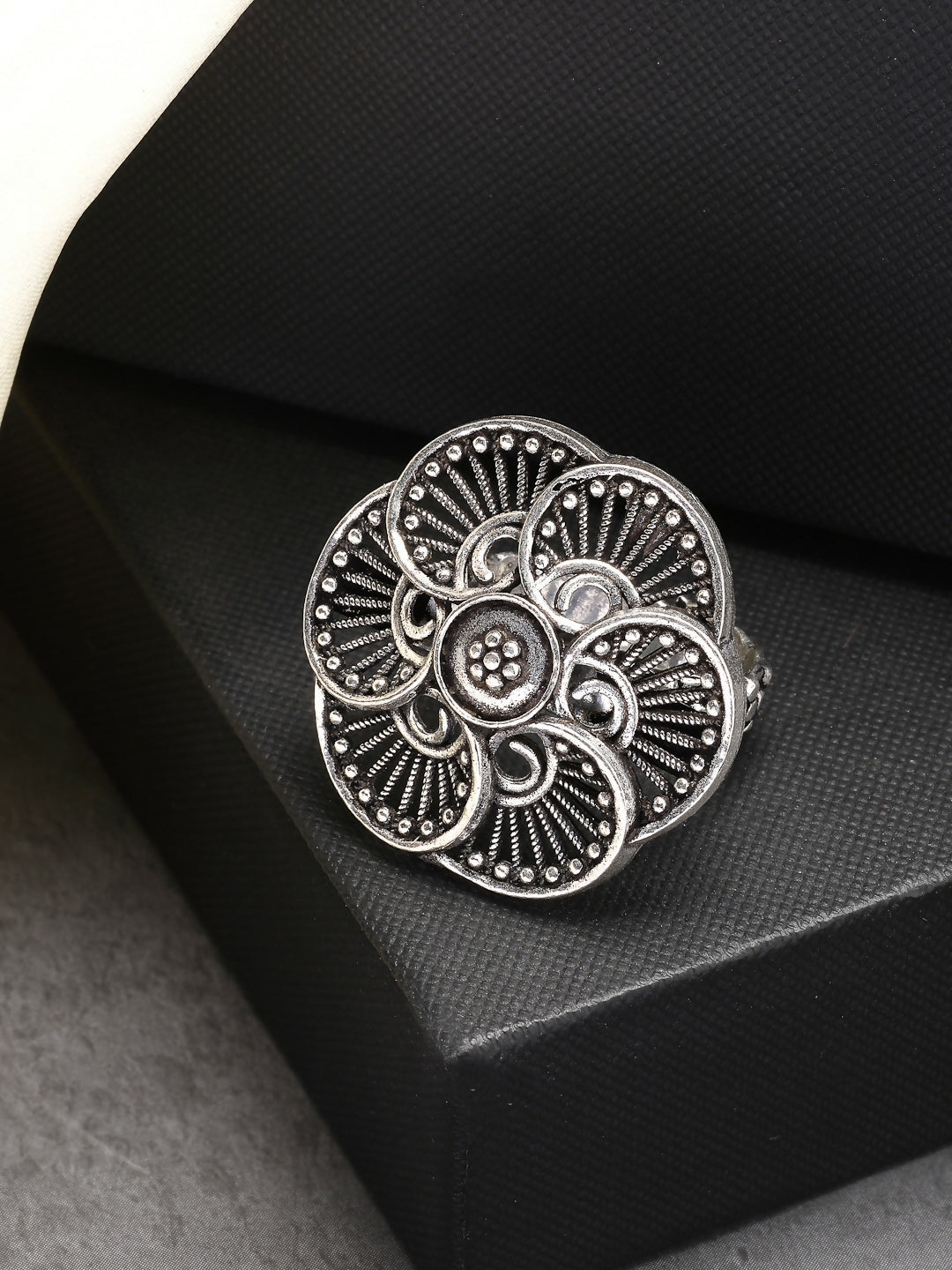 NVR Women's Silver-Toned Floral Shape Adjustable Finger Ring | Grocsy