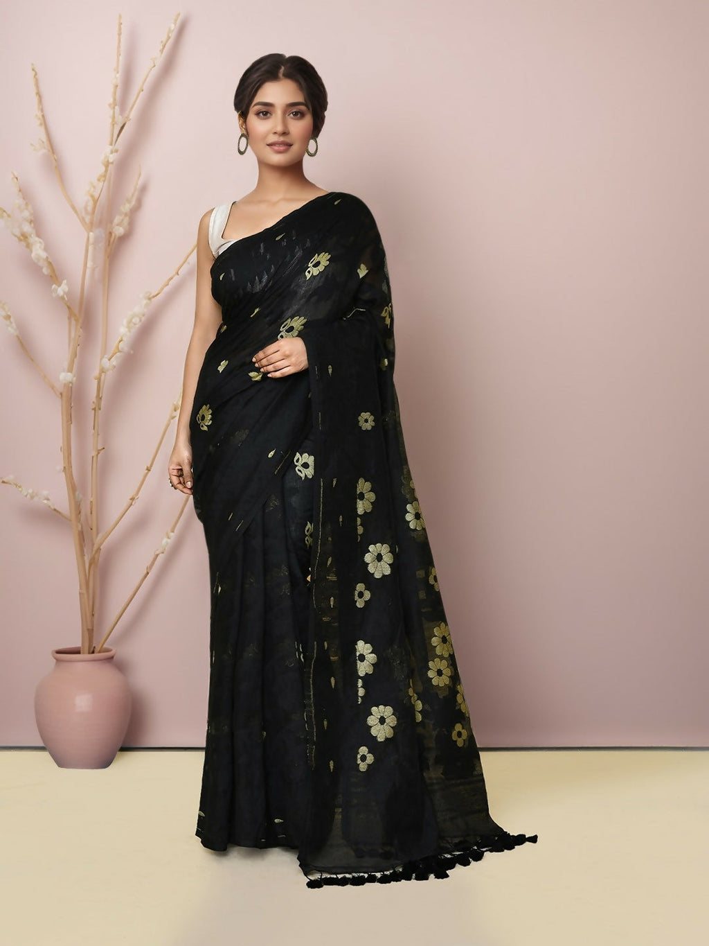 Joban Fashion Black Cotton Blend Jamdani Saree | Grocsy