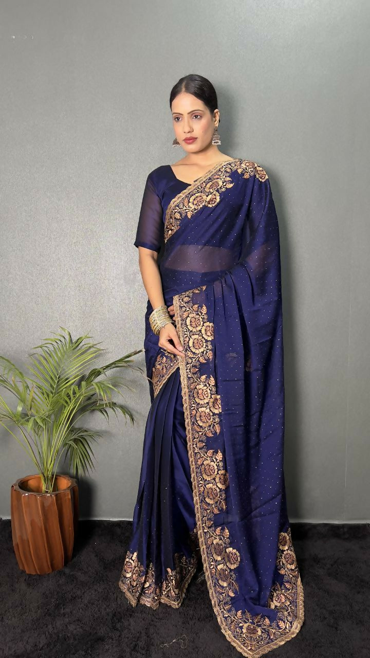 Vastranavya Blue Rangoli Silk Zari work with DMC Swarovski work Ready to Wear Saree | Grocsy